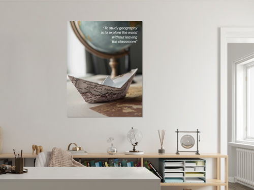 An educational canvas print instilling the love of geography with a paper boat and a globe on display.
