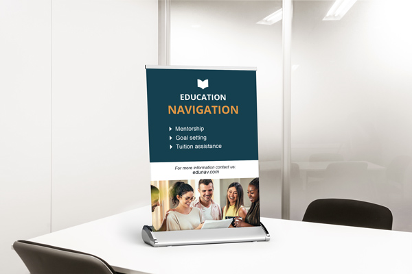 School campuses tabletop retractable banner for students' navigation, installed indoors.
