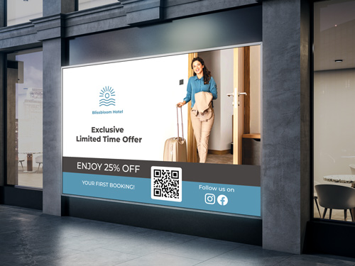 A backlit decal with woman, shopping bags, 25% off promo, and a QR code.