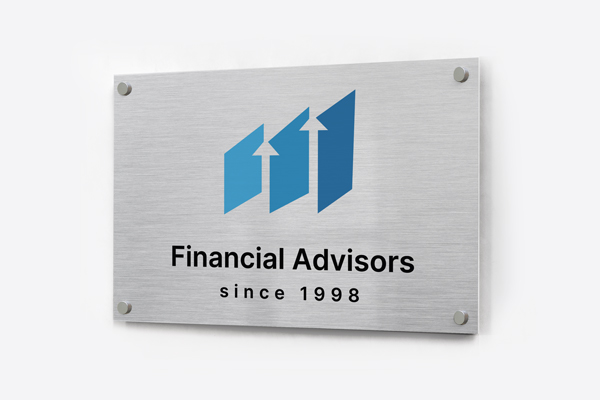 Brushed aluminum sign with Financial Advisors text and branded logo.