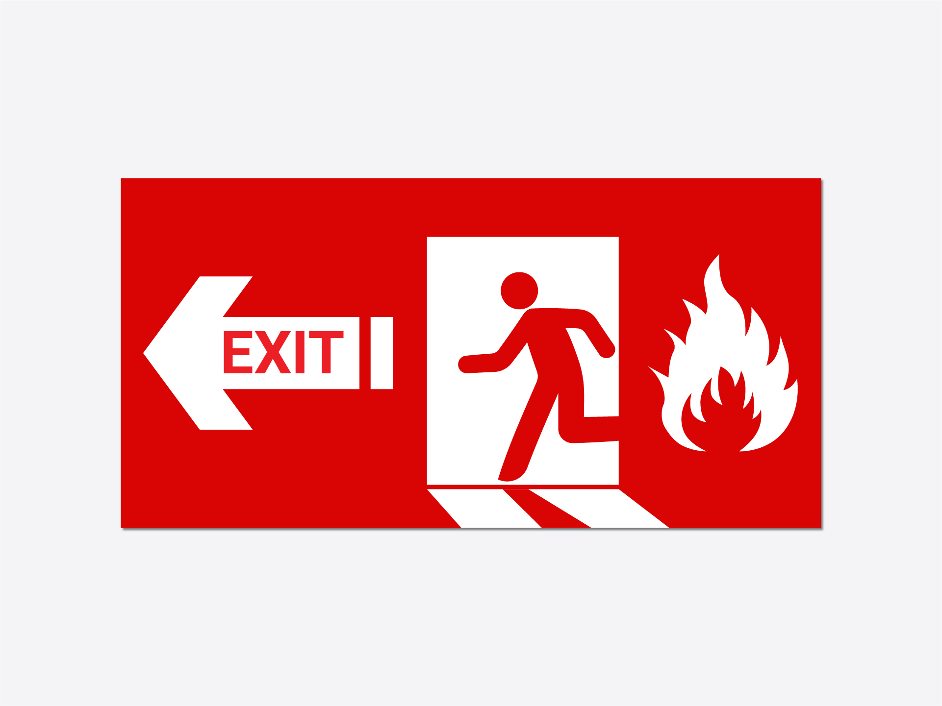 Fire sign for workplace safety featuring a man running out of a building following the sign of Exit.