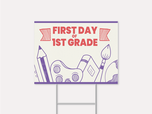 Purple first day of 1st grade back to school sign with school supplies.