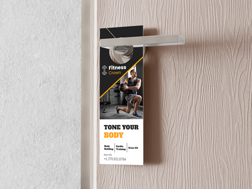 Tone Your Body fitness club door hanger, featuring a motivating image of a man actively working out in the gym.
