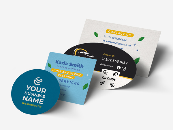 Custom shaped business cards in square, rectangular, circle, and oval designs