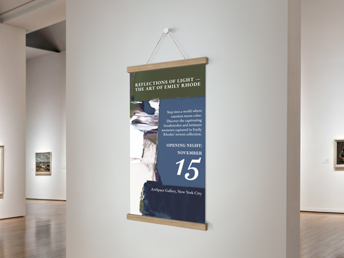 Art exhibition poster in magnetic wood frame hanger at gallery