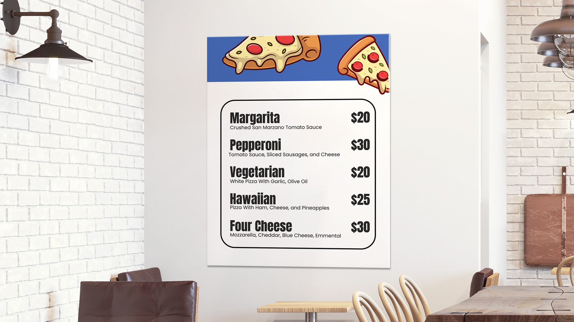 Wall-displayed gator board pizza menu sign