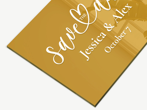 Gold acrylic invitation card for Jessica & Alex's wedding reading Save the Date, October 7