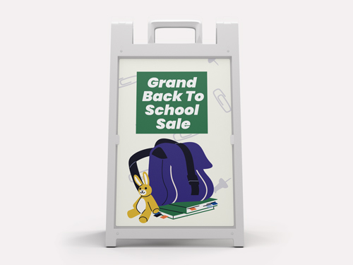 Grand sale promotion back to school sign featuring backpack and learning materials.