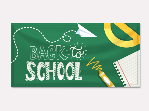 Back to school chalkboard design featuring paper airplane, pencils and notebooks.