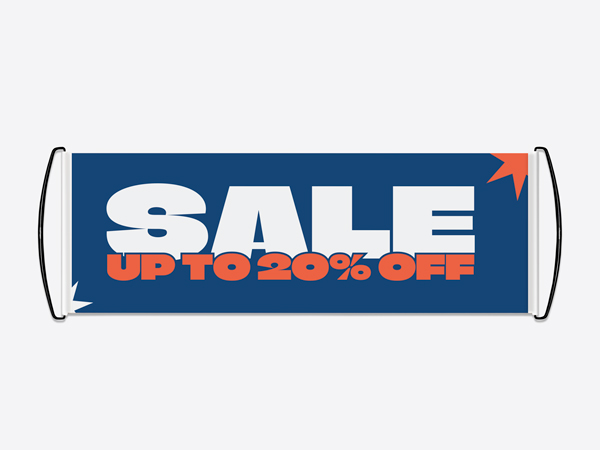 A blue hand banner with white and orange print promoting a sale up to 20%.
