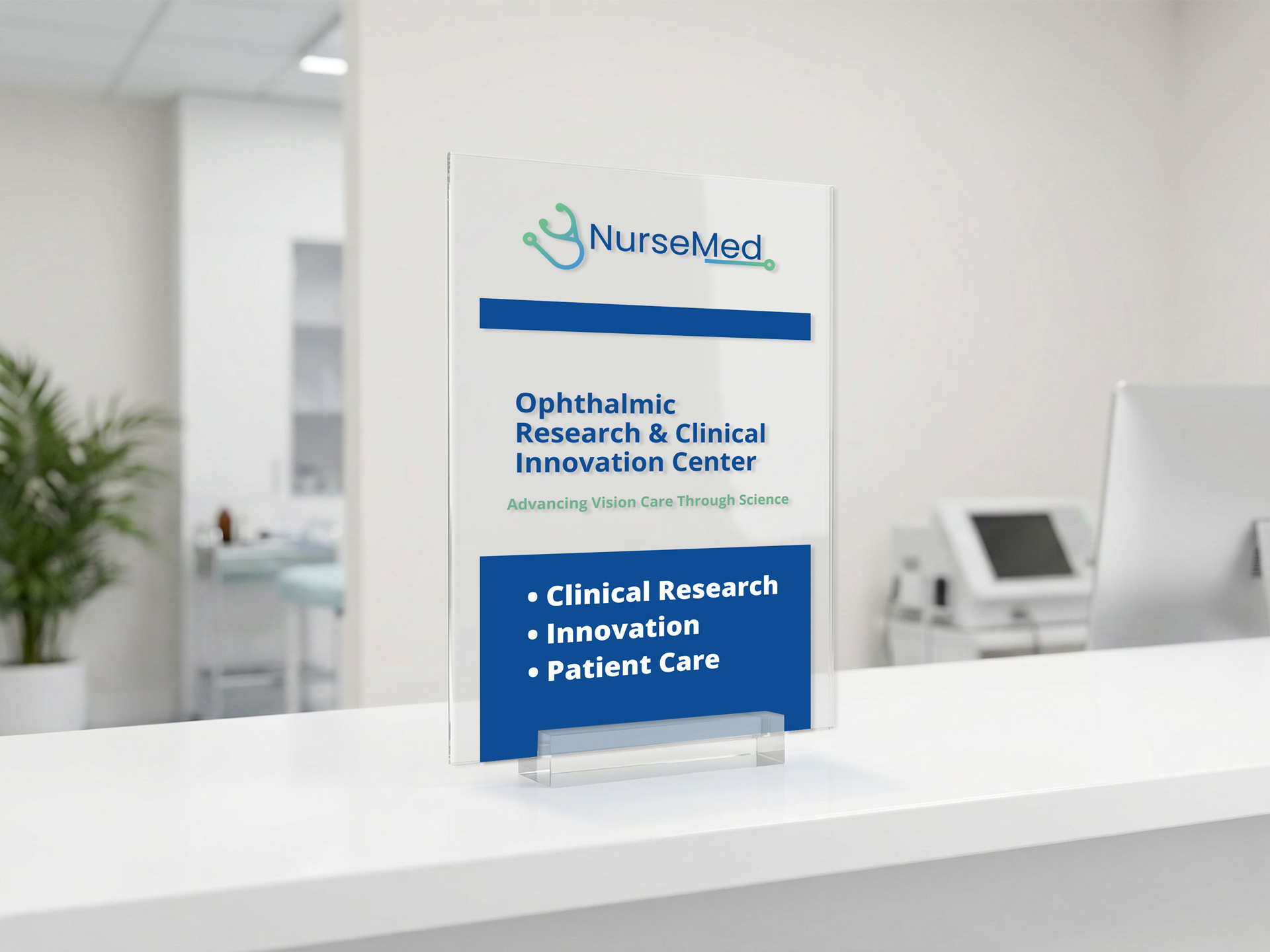 NureseMed healthcare center acrylic table sign with the available services listed, the logo and center's name.