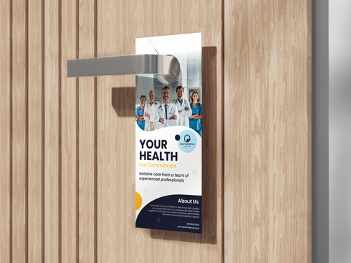 Healthcare door hanger featuring the image of staff and center's slogan.