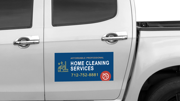 A home cleaning service company advertisement featured as a truck decal on the door of a company car.