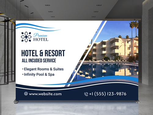 Hotel lobbies backlit SEG fabric display with Premium Hotel branding elements.