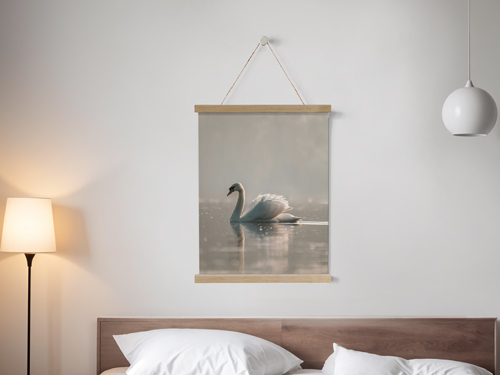 Swan wall art in wooden magnetic frame hanger above hotel bed