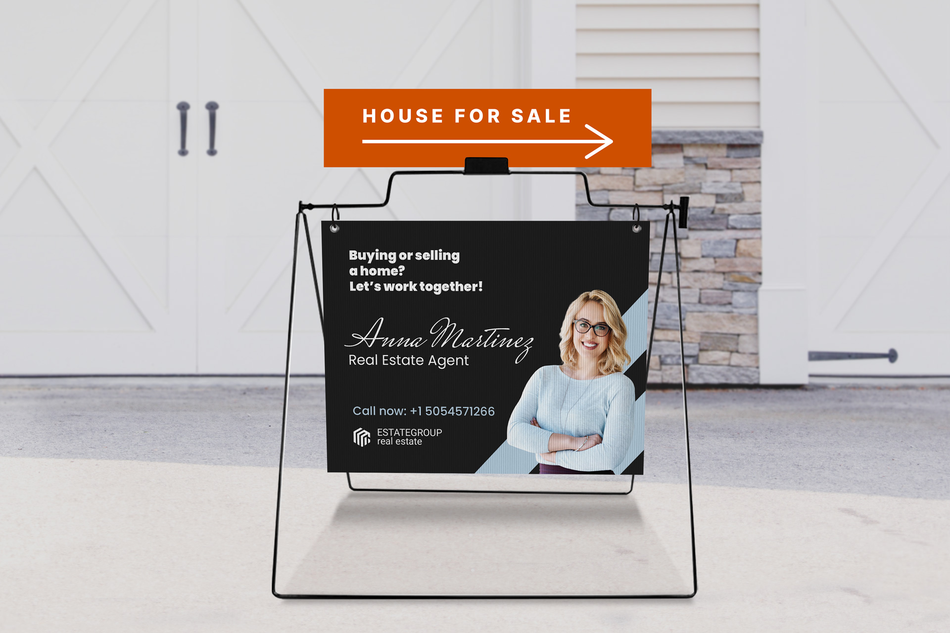 House for sale sign rider with arrow