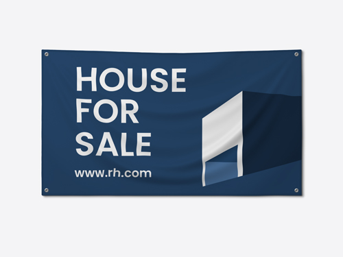 A vibrant vinyl banner reading House for Sale set against a dark blue background.