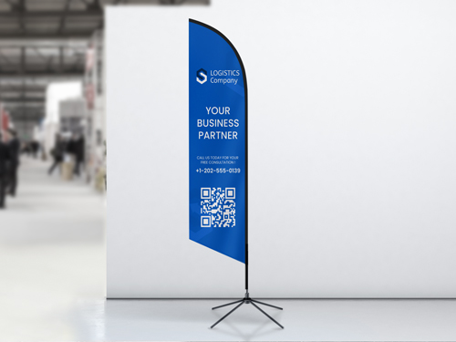 A blue feather flag covered with a logistics company's branding and information along with a QR code.