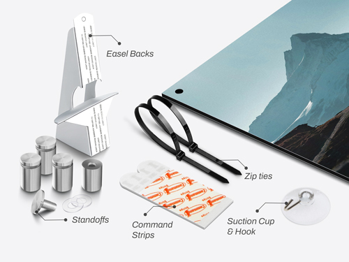 Various installation options for Dibond signs with arrows pointing to them.