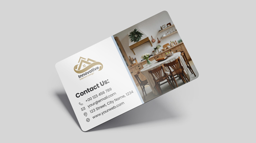 Modern plastic business cards material and printing for interior design services.
