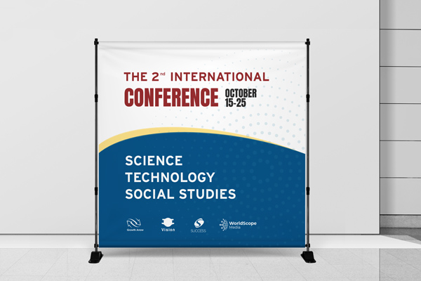 A blue and white international conference step and repeat banner with the dates and the fields of study included in the event.