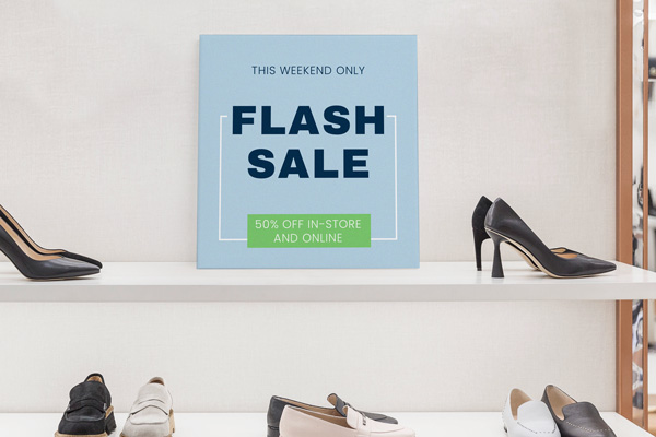 An image of a light blue PVC board reading Flash Sale placed between shoes on a shelf.