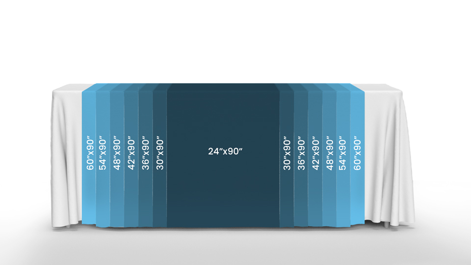 Different-sized custom table runners spread on the white tablecloth for comparison