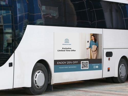 Magnetic bus sign with a promotional message displaying a limited-time offer.