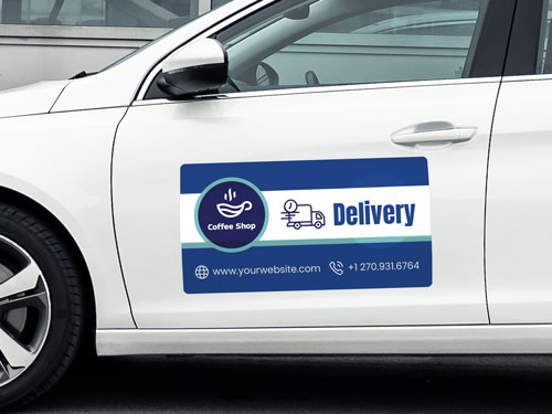 Magnetic sedan sign advertising a delivery service with corresponding imagery.