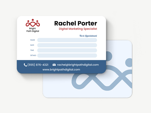 Standard business cards for a marketing specialist with editable grids for appointment notes