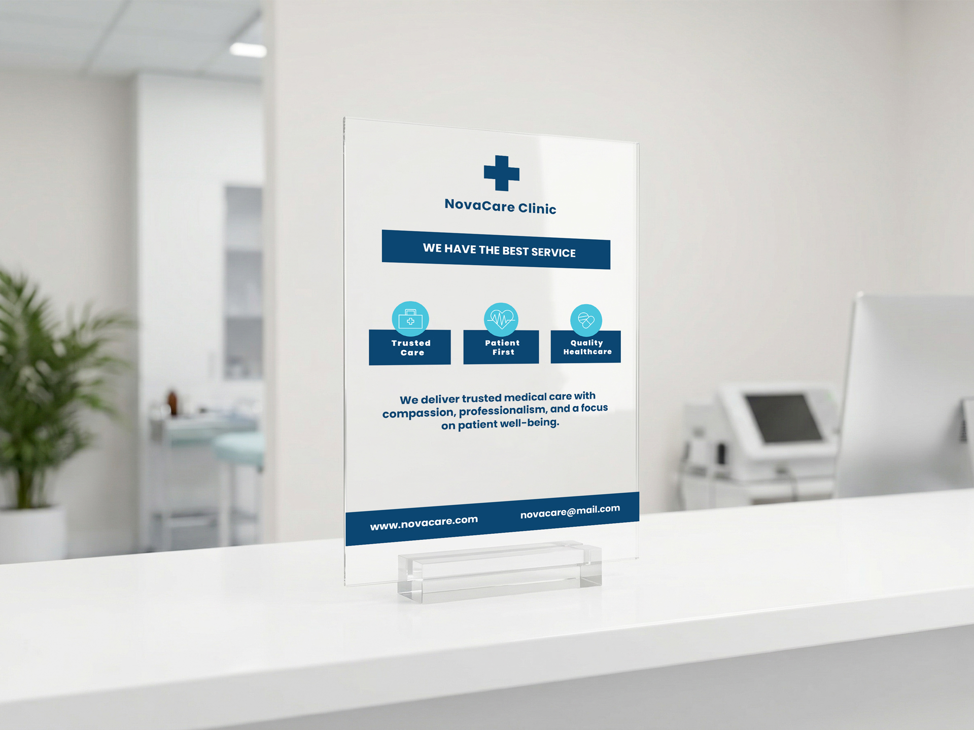 NovaCare Clinic acrylic table sign highlighting trusted medical care and services.