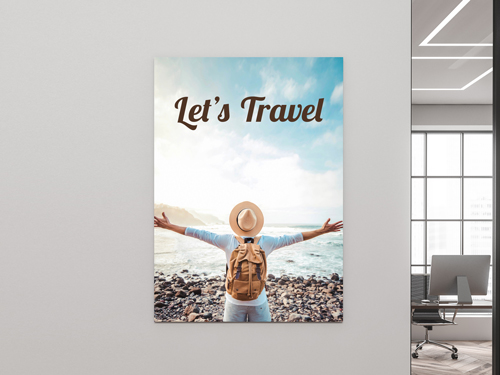 Metal photo prints with a woman with backpack and hat and Let's Travel text above.