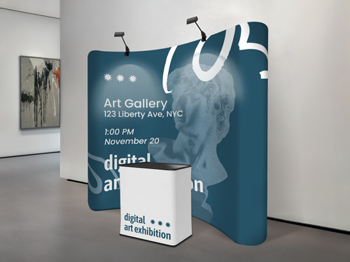 Tension fabric display for museum featuring the details for Art Gallery event.