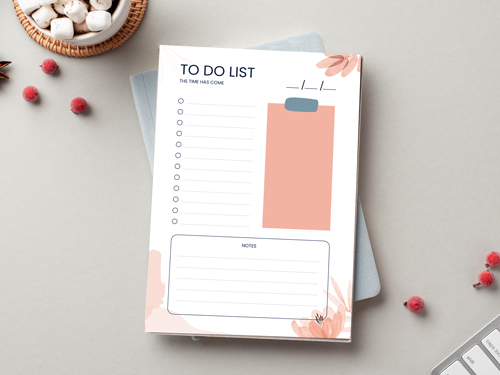 Notepad printing with a floral theme and a "To Do List" with sections for tasks and notes, surrounded by decorative items