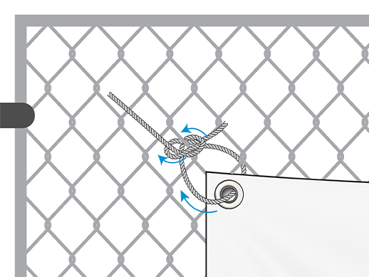 Nylon rope passed through the mesh banner and tied around the fence