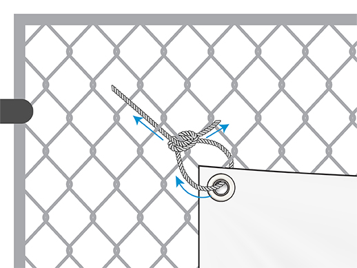 Nylon rope on the mesh banner pulled tight around the fence