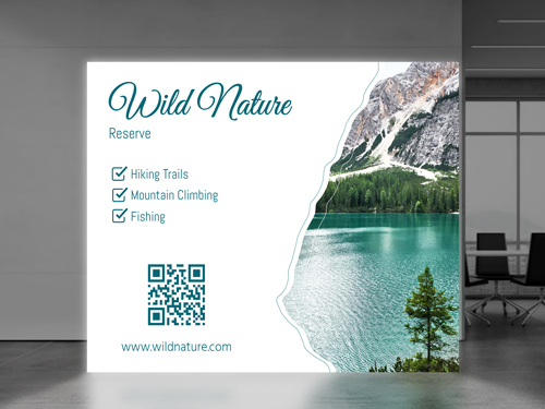 An informative SEG backlit popup display featuring the list of services related to hiking, climbing, and fishing.