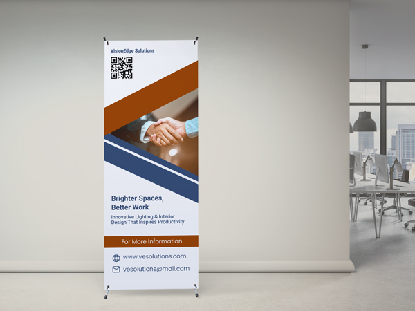 An office x-stand banner showcasing the office information and motto.