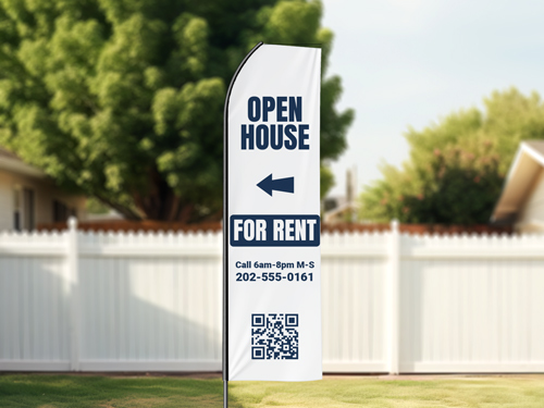 For Rent econo feather flag displaying a wayfinding design and a Q