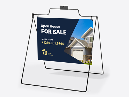 Open House For Sale real estate A-frame sign with a building image.