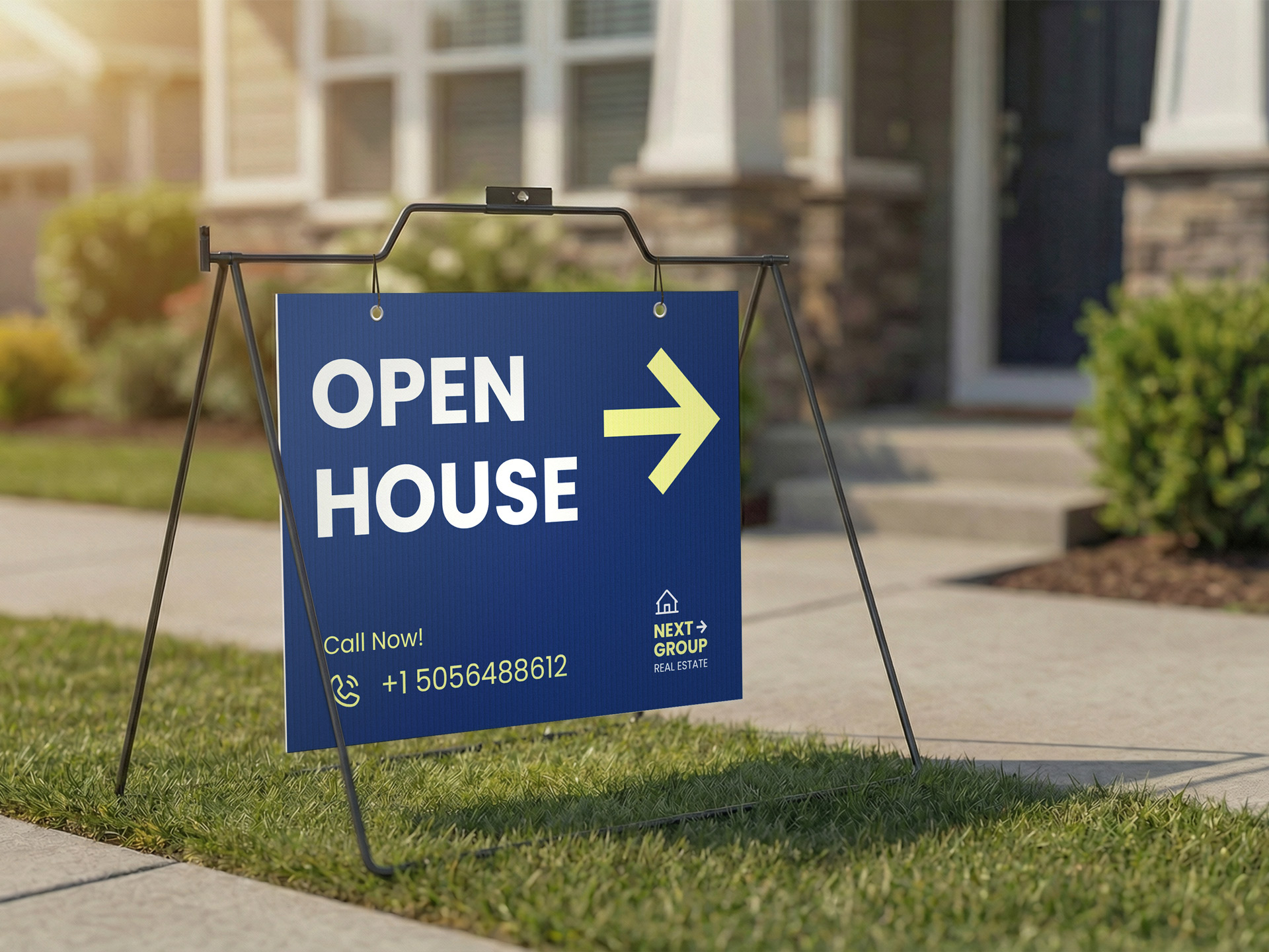 Open house A-frame sign on lawn