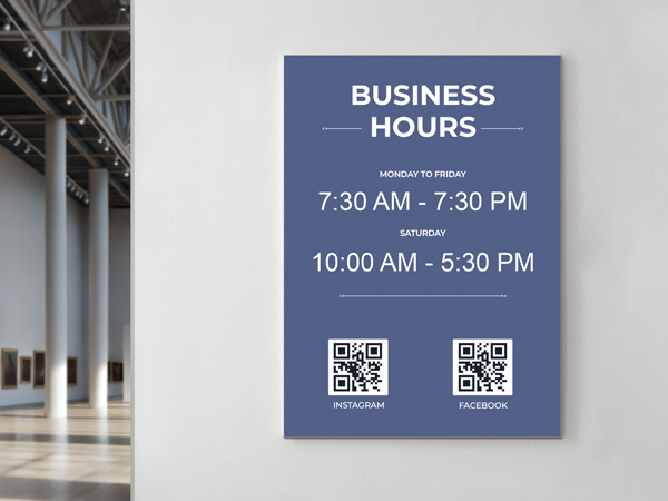 Wooden business hours sign mounted on a wall, displaying opening times and QR codes for social media.