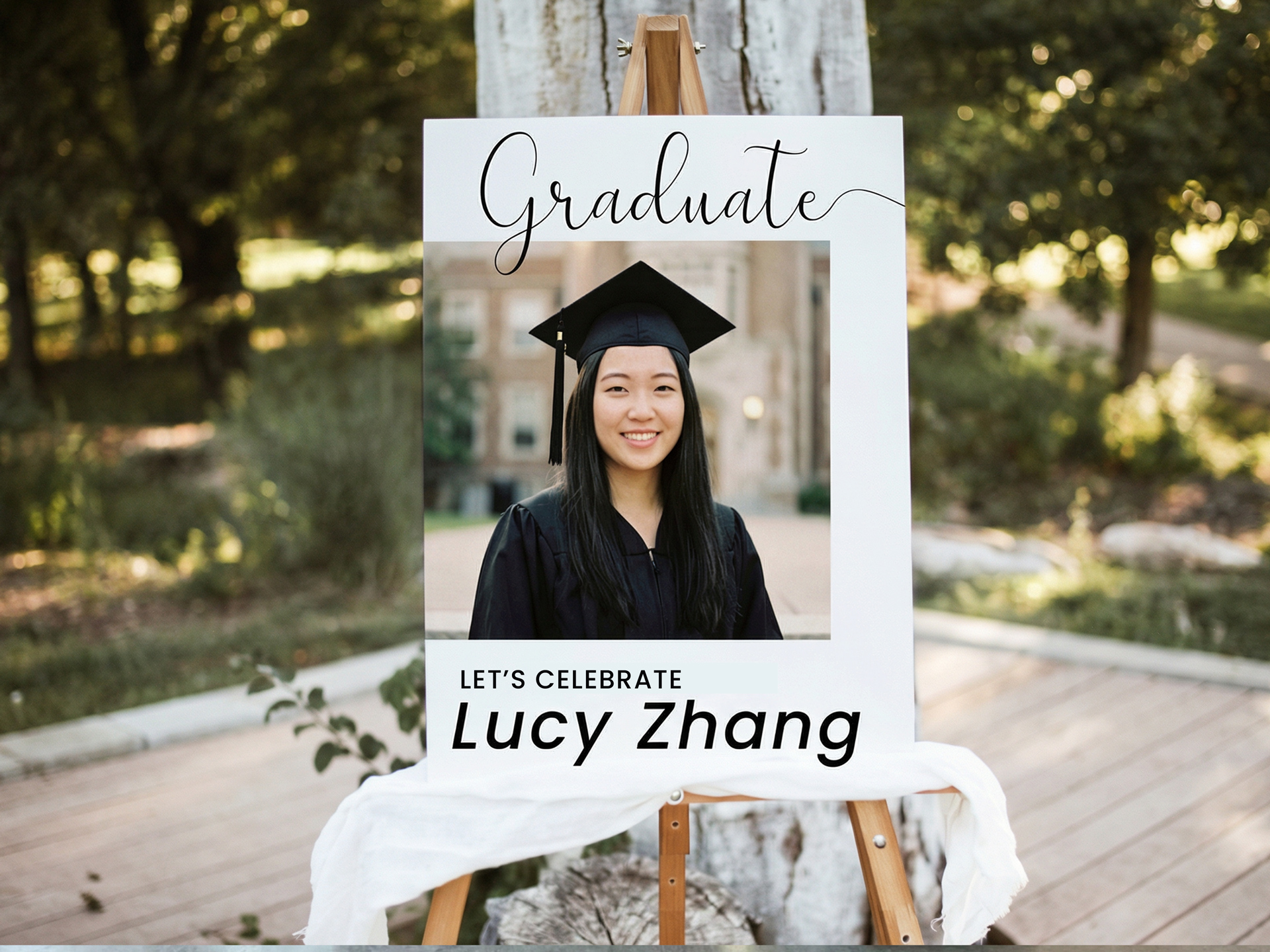 custom-outdoor-graduation-welcome-sign-with-graduate-photo-on-an-easel