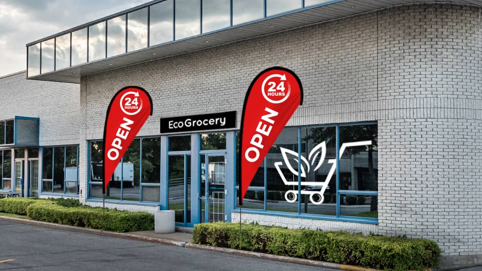 Red teardrop flag with 24 Hours, a loading arrow, and bold Open text