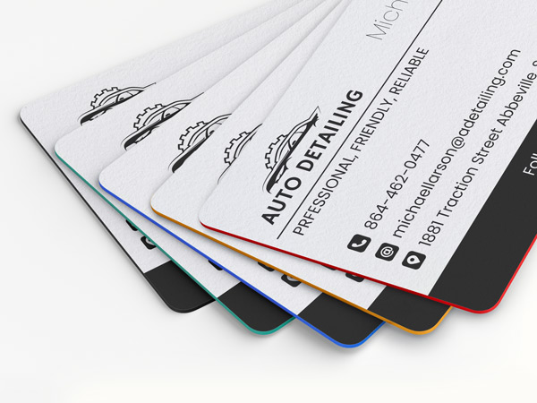 Versatile painted edge business cards with a variety of edge colors
