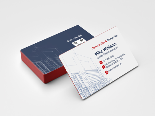 Red-edged thick business cards with a modern design emphasizing corporate branding