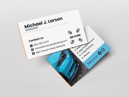 Painted edge business cards with orange cores, featuring the manager's name for client meetings