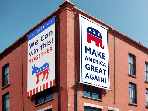 Partisan vinyl banners on building