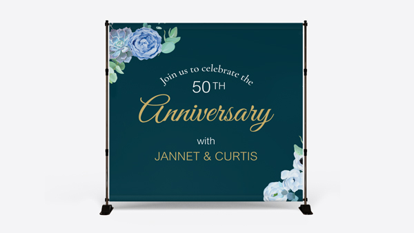 Elegant teal anniversary backdrop with blue floral corners celebrating 50th anniversary.