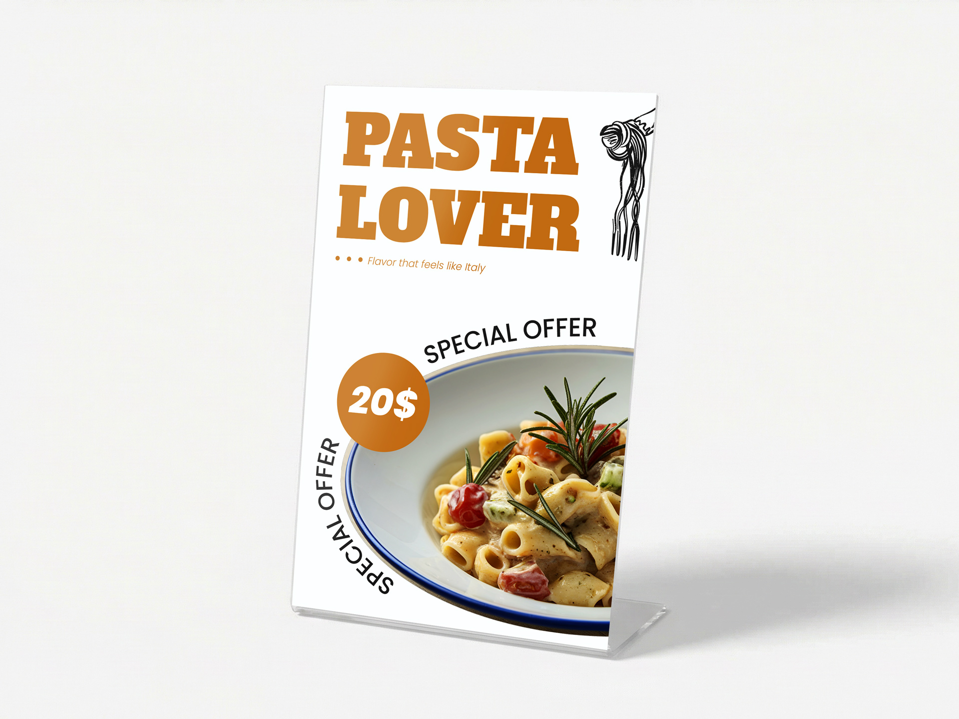 Pasta Lover pedestal sign advertising $20 special offer with pasta dish photo.